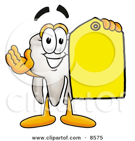 Clipart Picture of a Tooth Mascot Cartoon Character Holding a Yellow Sales Price Tag by Mascot Junction