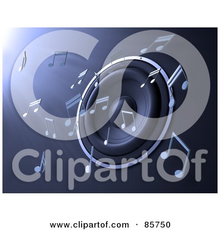 Royalty-Free (RF) Clipart Illustration of Floating 3d Music Notes Around A Speaker On Blue by Mopic
