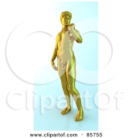 Royalty-Free (RF) Clipart Illustration of a Golden 3d Nude Male Statue On Blue by Mopic
