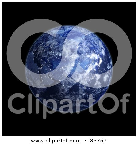 Royalty-Free (RF) Clipart Illustration of a 3d Blue Globe Of Eurasia At Night, With Clouds by Mopic