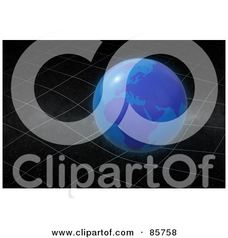 Royalty-Free (RF) Clipart Illustration of a 3d Blue Globe Over Warped Grid Lines On Black by Mopic