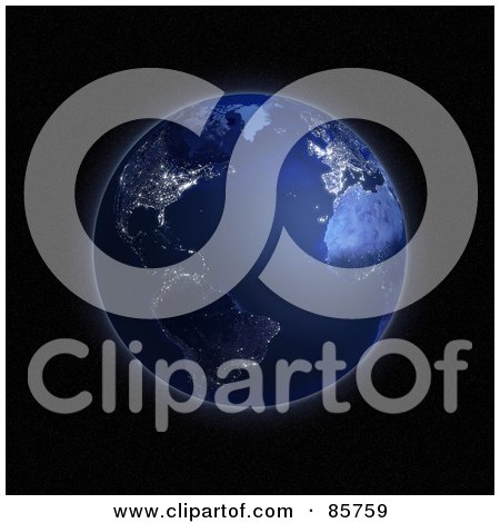 Royalty-Free (RF) Clipart Illustration of a 3d Night Time Globe With Lights From Space by Mopic