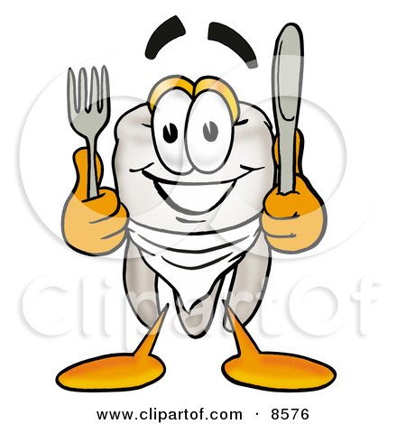 Clipart Picture of a Tooth Mascot Cartoon Character Holding a Knife and Fork by Mascot Junction