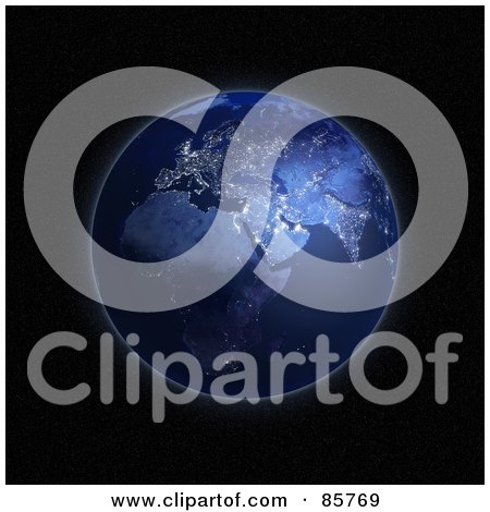 Royalty-Free (RF) Clipart Illustration of a 3d Blue Globe Of Night And Lights On The Middle East by Mopic
