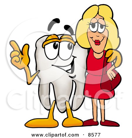 Clipart Picture of a Tooth Mascot Cartoon Character Talking to a Pretty Blond Woman by Mascot Junction