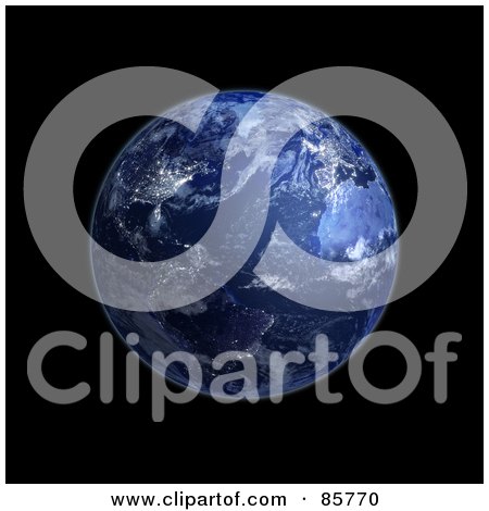 Royalty-Free (RF) Clipart Illustration of a 3d Blue Globe Of Night And Lights On The Americas And Europe by Mopic
