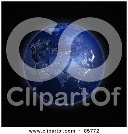 Royalty-Free (RF) Clipart Illustration of a 3d Blue Globe Of Night And Lights On Eurasia by Mopic