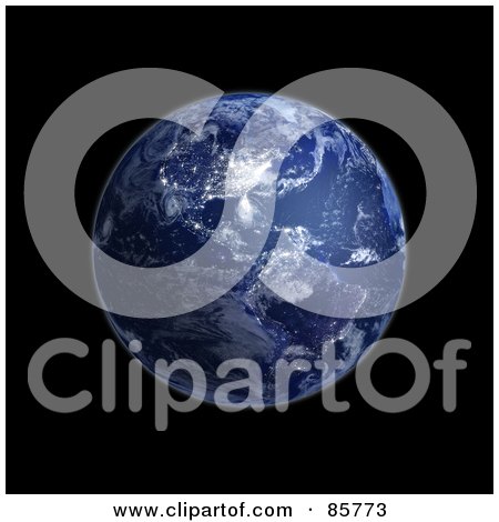 Royalty-Free (RF) Clipart Illustration of a 3d Blue Globe Of Night And Lights On The Americas by Mopic