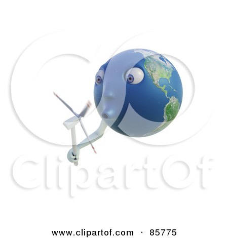 Royalty-Free (RF) Clipart Illustration of a 3d Earth Face Holding And Blowing A Windmill by Mopic