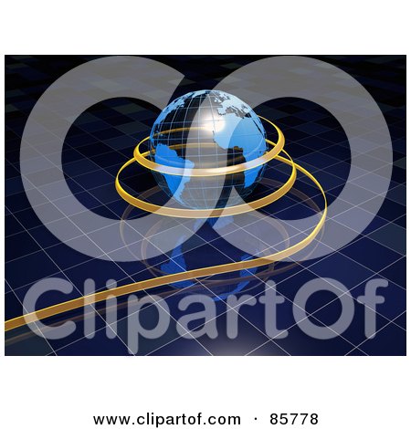 Royalty-Free (RF) Clipart Illustration of a 3d Ribbon Around A Transparent Globe Over A Reflective Blue Grid by Mopic