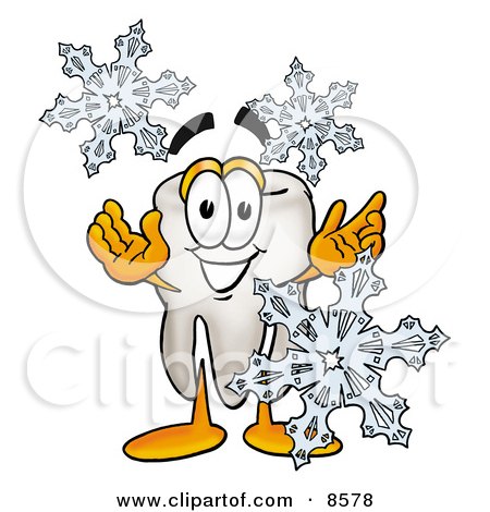 Clipart Picture of a Tooth Mascot Cartoon Character With Three Snowflakes in Winter by Mascot Junction