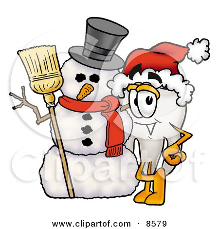 Clipart Picture of a Tooth Mascot Cartoon Character With a Snowman on Christmas by Mascot Junction