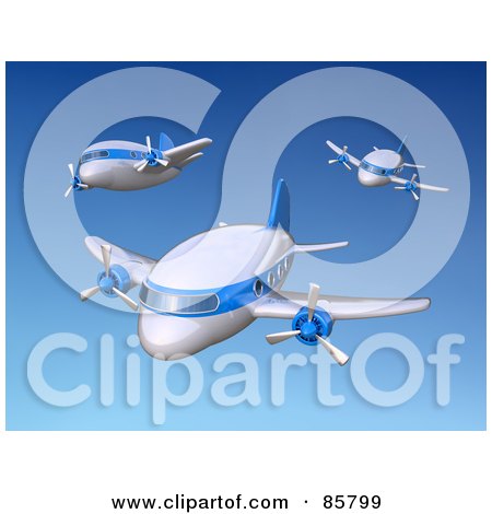 Royalty-Free (RF) Clipart Illustration of Three 3d Airplanes Flying In A Blue Sky by Mopic