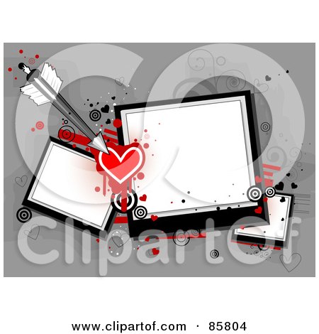 Royalty-Free (RF) Clipart Illustration of an Arrow With Hearts And Polaroid Pictures With Grunge Over Gray by BNP Design Studio