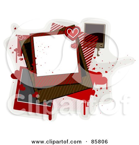 Royalty-Free (RF) Clipart Illustration of Blank Polaroid Pics With Hearts And Grungy Splatters Over Gray And White by BNP Design Studio