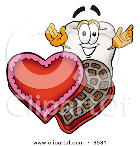 Clipart Picture of a Tooth Mascot Cartoon Character With an Open Box of Valentines Day Chocolate Candies by Mascot Junction
