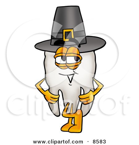 Clipart Picture of a Tooth Mascot Cartoon Character Wearing a Pilgrim Hat on Thanksgiving by Mascot Junction