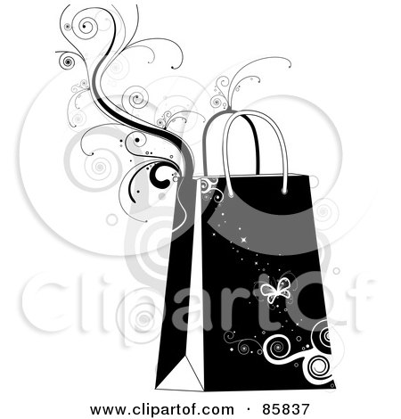 Royalty-Free (RF) Clipart Illustration of a Black Shopping Bag With Vines And Butterflies by BNP Design Studio
