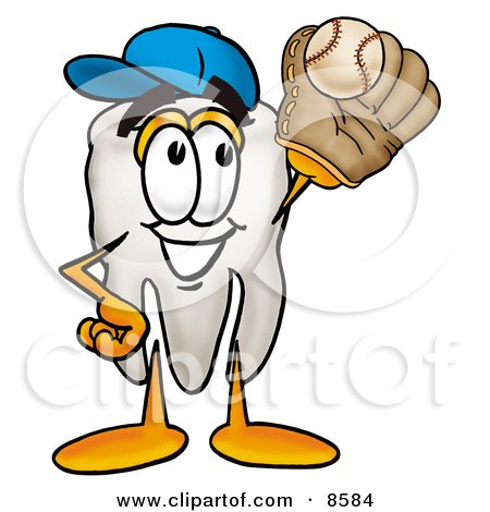 Clipart Picture of a Tooth Mascot Cartoon Character Catching a Baseball With a Glove by Mascot Junction