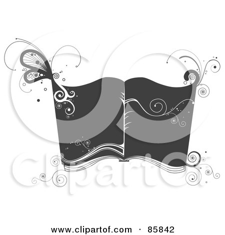Royalty-Free (RF) Clipart Illustration of a Gray And White Open Book With Vines And Swirls by BNP Design Studio