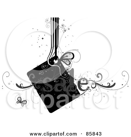 Royalty-Free (RF) Clipart Illustration of a Gray And Black Curly Sale Vine And Tag With Butterflies And Sparkles by BNP Design Studio