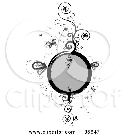 Royalty-Free (RF) Clipart Illustration of a Black And White Circle Frame With Vines And Butterflies by BNP Design Studio