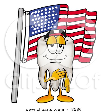 Clipart Picture of a Tooth Mascot Cartoon Character Pledging Allegiance to an American Flag by Mascot Junction
