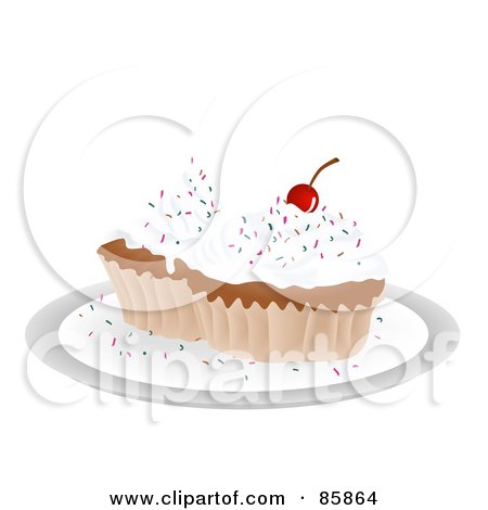 Royalty-Free (RF) Clipart Illustration of a Pair Of Vanilla Frosted Cupcakes With Sprinkles And A Cherry by BNP Design Studio
