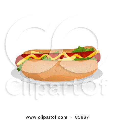 Royalty-Free (RF) Clipart Illustration of a Fresh Hot Dog Sandwich With Mustard, Cheese And Lettuce On A Bun by BNP Design Studio