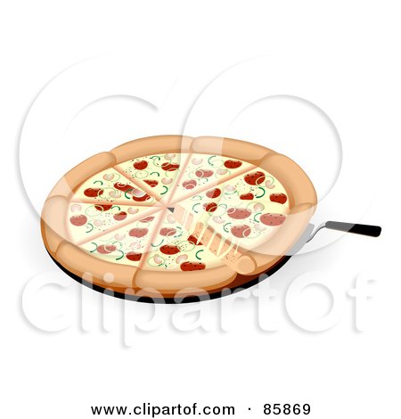 Royalty-Free (RF) Clipart Illustration of a Spatula Lifting A Cheesy Piece Of Sausage Pizza by BNP Design Studio