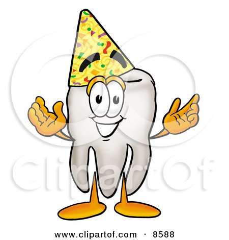 Clipart Picture of a Tooth Mascot Cartoon Character Wearing a Birthday Party Hat by Mascot Junction