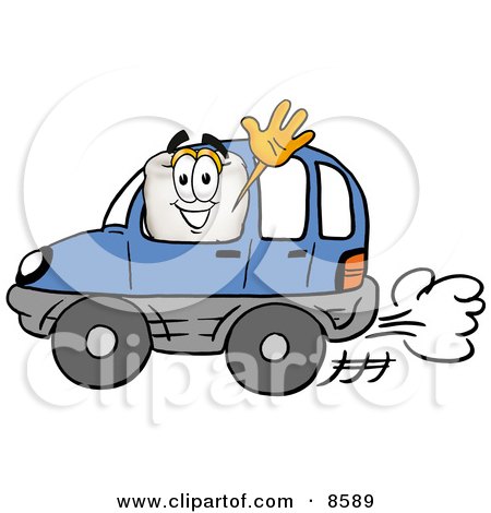 Clipart Picture of a Tooth Mascot Cartoon Character Driving a Blue Car and Waving by Mascot Junction