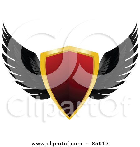 Royalty-Free (RF) Clipart Illustration of a Red And Gold Shiny Shield With Black Feathered Wings by elaineitalia