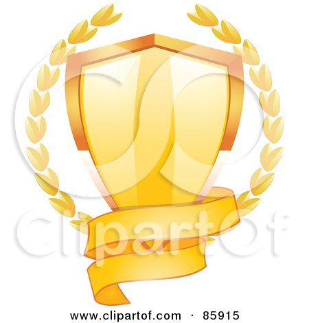 Royalty-Free (RF) Clipart Illustration of a Blank Gold Banner Around The Bottom Of A Shiny Shield With Laurels by elaineitalia