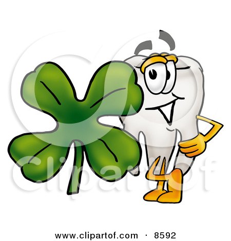 Clipart Picture of a Tooth Mascot Cartoon Character With a Green Four Leaf Clover on St Paddy's or St Patricks Day by Mascot Junction