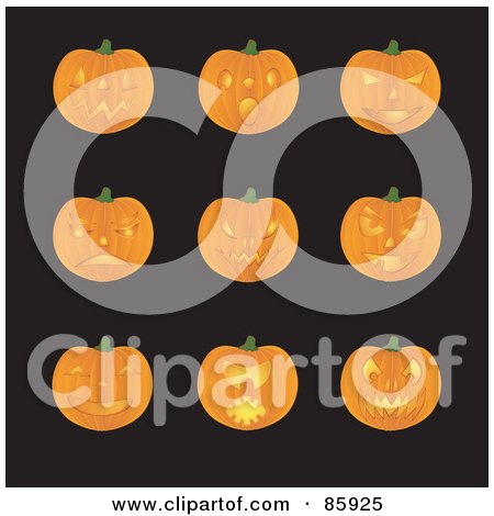 Royalty-Free (RF) Clip Art Illustration of a Digital Collage Of Halloween Pumpkins With Different Facial Expressions by Rasmussen Images