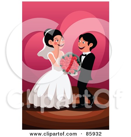 Royalty-Free (RF) Clipart Illustration of a Happy Wedding Couple With Red Roses by mayawizard101