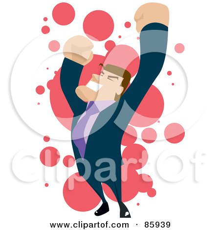 Royalty-Free (RF) Clipart Illustration of a Celebrating Brunette Businessman Holding His Arms Up by mayawizard101