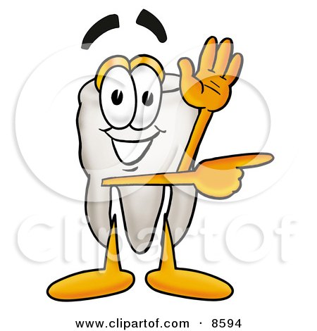 Clipart Picture of a Tooth Mascot Cartoon Character Waving and Pointing by Mascot Junction