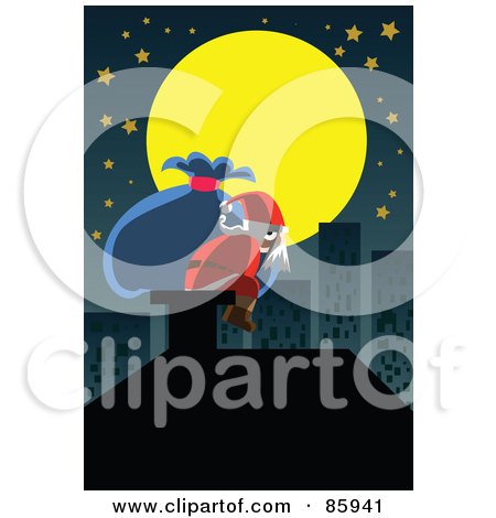 Royalty-Free (RF) Clipart Illustration of Santa Resting On A Chimney Under A Full Moon In The City by mayawizard101