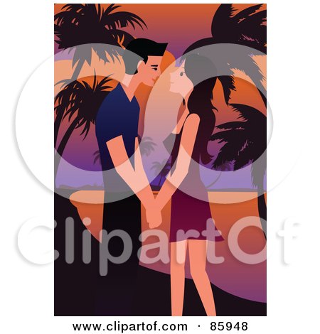Royalty-Free (RF) Clipart Illustration of a Young Couple About To Kiss Against A Tropical Sunset by mayawizard101