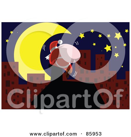 Royalty-Free (RF) Clipart Illustration of Santa On Top Of Red Urban Buildings Under A Crescent Moon by mayawizard101
