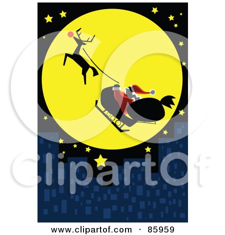 Royalty-Free (RF) Clipart Illustration of Santa And Rudolph Flying In Front Of A Full Moon Over A City by mayawizard101