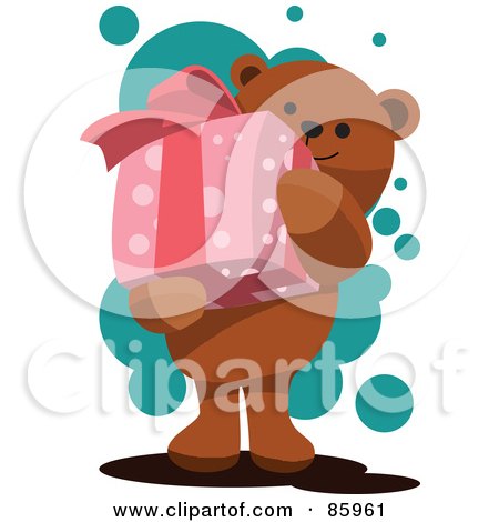 Royalty-Free (RF) Clipart Illustration of a Teddy Bear Carrying A Pink Present by mayawizard101