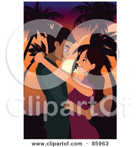 Royalty-Free (RF) Clipart Illustration of a Couple Embracing Against A Tropical Sunset by mayawizard101