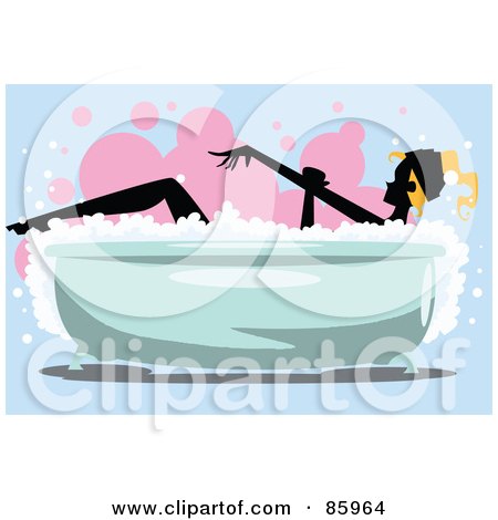 Royalty-Free (RF) Clipart Illustration of a Silhouetted Lady Sudsing Up With A Glove In A Bubble Bath by mayawizard101