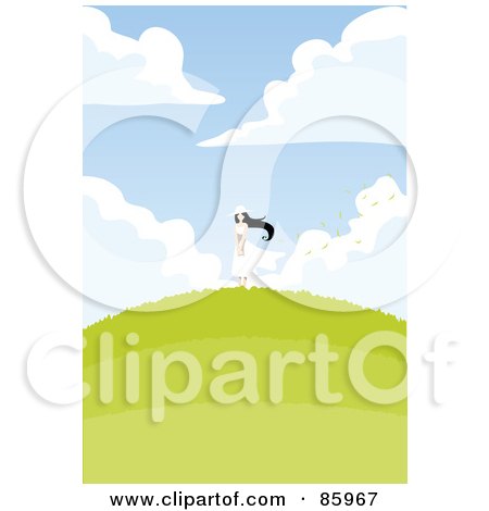 Royalty-Free (RF) Clipart Illustration of a Pretty Woman In A White Dress And Hat, Standing On A Hill Top by mayawizard101