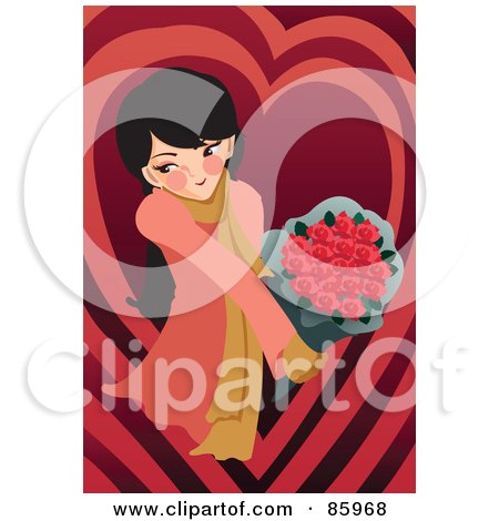 Royalty-Free (RF) Clipart Illustration of a Romantic Woman Holding Out A Bouquet Of Red Roses by mayawizard101