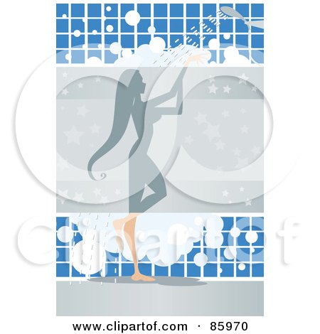 Royalty-Free (RF) Clipart Illustration of a Showering Woman With Bubbles Against Blue Tiles by mayawizard101