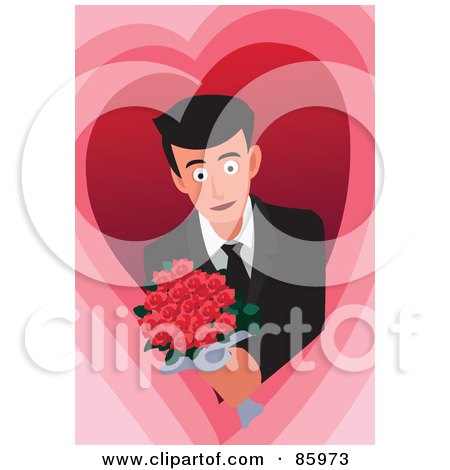 Royalty-Free (RF) Clipart Illustration of a Romantic Man Holding Out A Bouquet Of Red Roses by mayawizard101